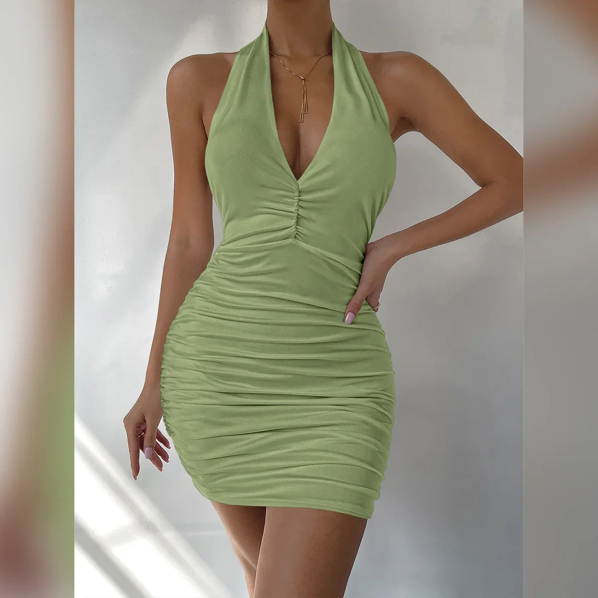 Hot Halter Mini Dress – Deep V, Backless, & Figure-Hugging Clubwear